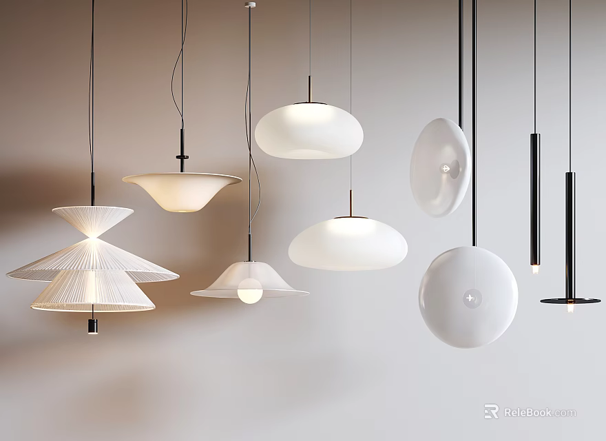 Modern Interior Lighting Combinations Featuring Various Shaped Pendant Lights 3d model