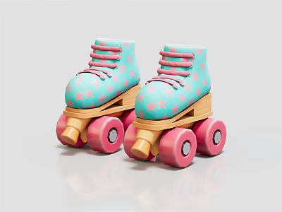 Turquoise Roller Skates With Pink Stars Laces And Wooden Pink Wheels 3d model