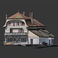 Traditional White House With Red Roof Solar Panels Chimneys Red Shutters Front Steps And Shrubs