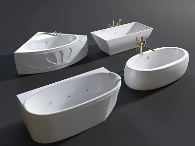 White Modern Bathtubs With Various Designs And Gold Faucets On 3d model