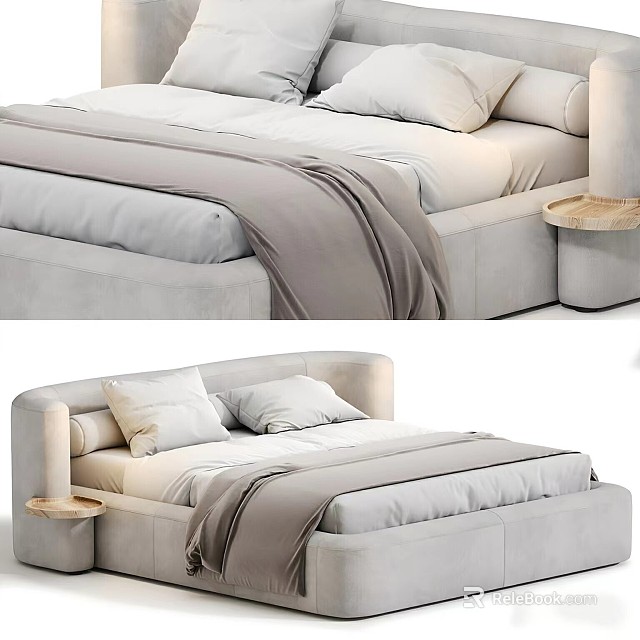 Modern Minimalist Double Bed With Light Gray Frame White Pillows Blanket And Wooden Side Nightstand 3d model 