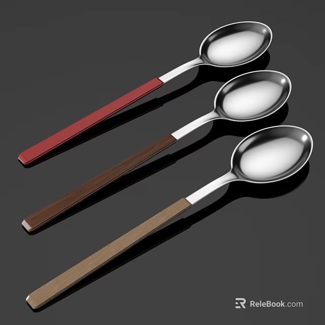 Modern Tableware Set with Stainless Steel Spoons and Colored Wooden Handles 3d model 