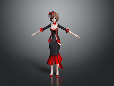 Woman In Black And Red Dress With Red Decorations And Red Shoes On Gray Background 3d model