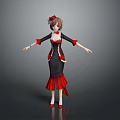 Woman In Black And Red Dress With Red Decorations And Red Shoes On Gray Background