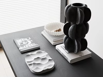 Black Inflatable Multi Layer Vase With White Wave Tray And Books On Table 3d model