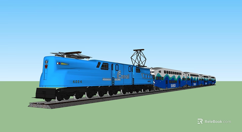Blue Electric City Train 6536 with White Blue Carriages Under Blue Sky Green Ground 3d model 