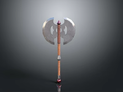 Double Bladed Battle Axe With Silver Blades Wooden Handle Red Accents And Gemstone 3d model