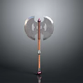 Double Bladed Battle Axe With Silver Blades Wooden Handle Red Accents And Gemstone