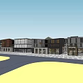 Modern Commercial Street With Glass Facade Stone Walls And Plaza Entrance Area