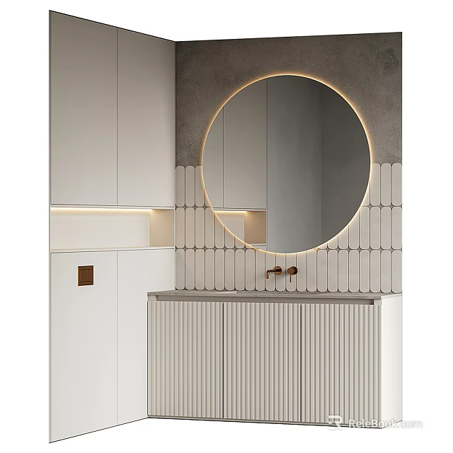 Modern Minimalist Bathroom Vanity With Round Backlit Mirror And Vertical Tile Wall 3d model