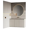 Modern Minimalist Bathroom Vanity With Round Backlit Mirror And Vertical Tile Wall 3d model