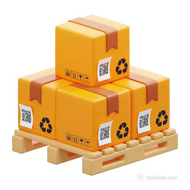 Industrial Warehouse Pallet With Stacked Yellow Boxes Recycling Symbols And QR Codes 3d model 