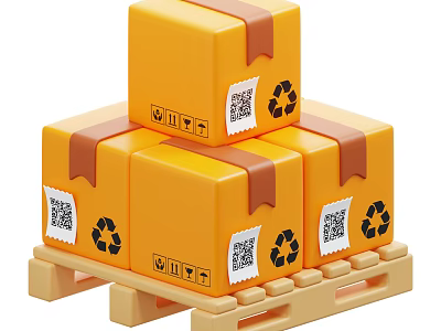 Industrial Warehouse Pallet With Stacked Yellow Boxes Recycling Symbols And QR Codes 3d model