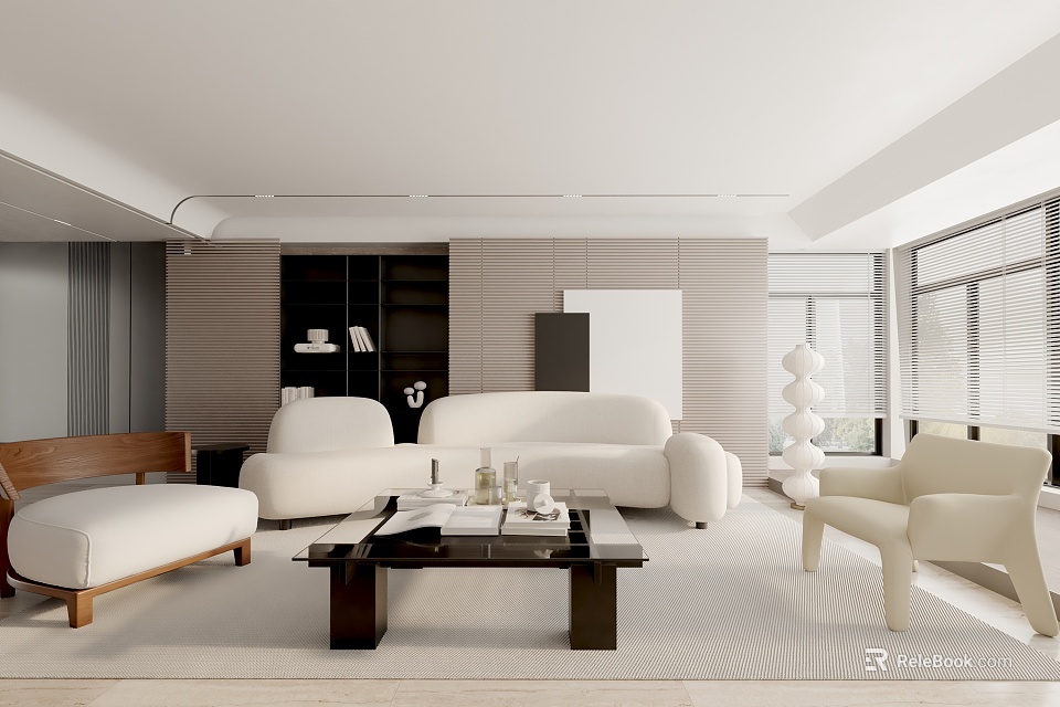 Modern Living Room Interior Design With White Sofa Coffee Table And Area Rug Decor 3d model 