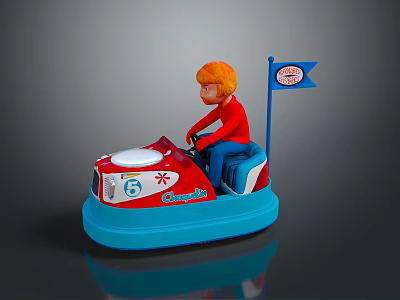 Blue Champion Toy Train Number 6 with Flag Ridden by Orange Hair Little Boy 3d model