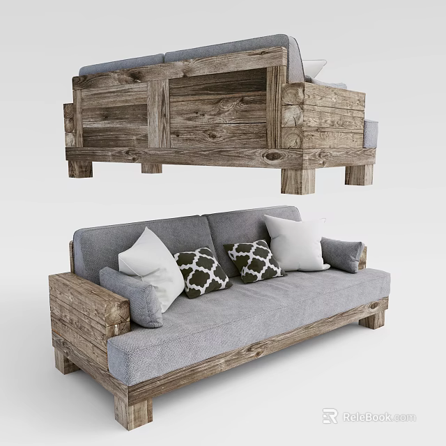 Gray Sofa With Natural Wooden Frame Patterned Throw Pillows And Soft Cushions 3d model