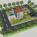 Detached Villa With Red Roof Garden Green Plants Blue Car And Trees