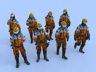 Group of Rescue Workers in Orange Uniforms With Yellow Hard Hats Standing 3d model