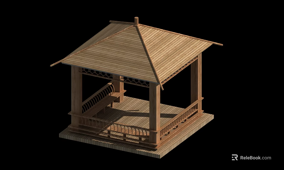 Wooden Pavilion Structure With Traditional Sloped Roof Railings And Platform 3d model 