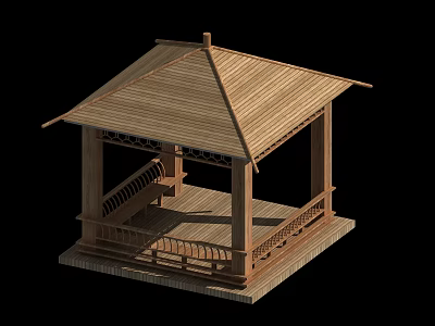 Wooden Pavilion Structure With Traditional Sloped Roof Railings And Platform 3d model