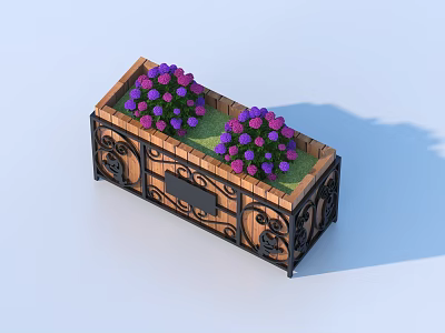 Decorative Wooden Planter Box Filled With Purple Flowers And Ornate Metal Accents 3d model