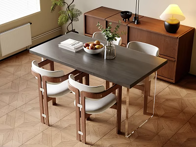 Modern Dining Table Set With White Cushioned Chairs Fruit Bowl Book And Vase 3d model