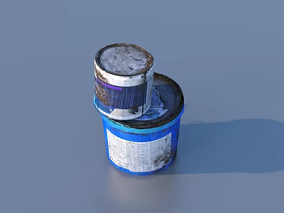 Old Stained Stacked Household Cans With Blue Silver Labels And Lids 3d model