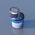 Old Stained Stacked Household Cans With Blue Silver Labels And Lids