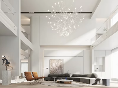 Modern Minimalist Loft Living Room With Chandelier Sofa Chairs And Artwork 3d model