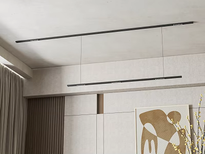 Modern Linear Chandelier In Minimalist Interior With Light Ceiling And Beige Wall Artwork 3d model