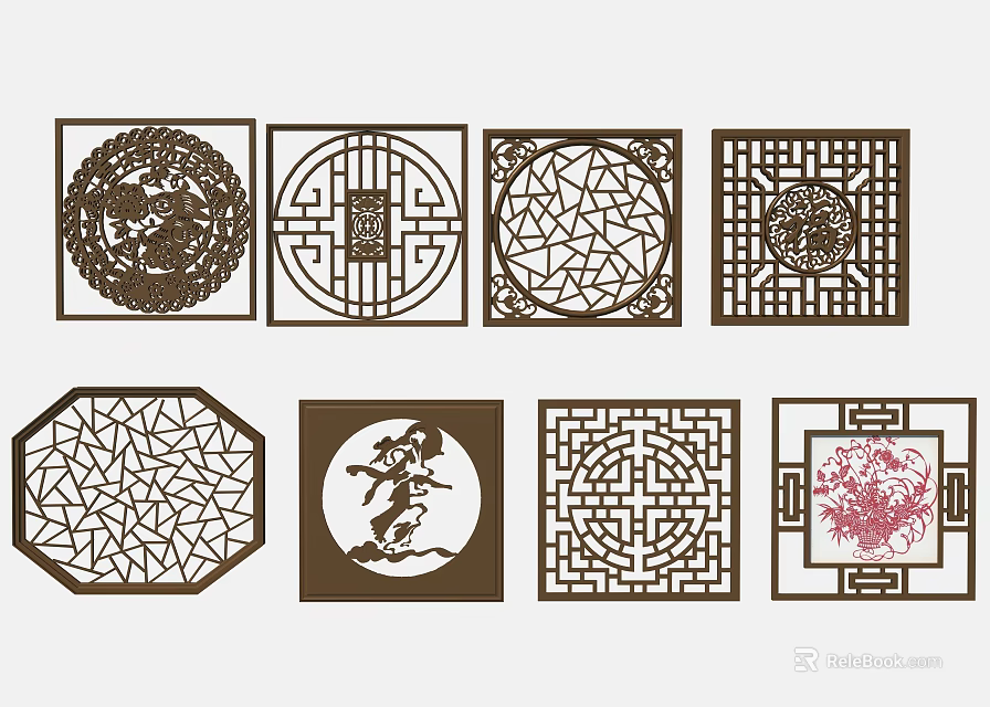 Traditional Chinese Wooden Lattice Room Dividers With Intricate Geometric Dragon And Floral Patterns 3d model 