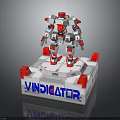 Red and White Robot Model on VINDICATOR Display Stand with Mechanical Design