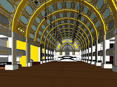 Banquet Hall with Arched Yellow Gold Ceiling and Hanging Chandeliers Spacious Interior Design 3d model