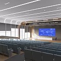 Modern Large Conference Room With Stadium Style Blue Seats People Windows And Ceiling Lighting