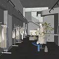 Modern Minimalist Clothing Store Interior With Clothing Racks Mirrors Staircase And Plants