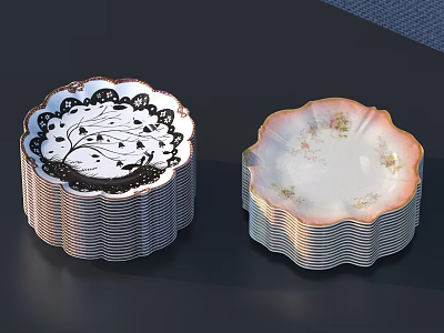 Stacked Dinnerware Set With Black Floral And Pink Rimmed Gold Accent Plates 3d model