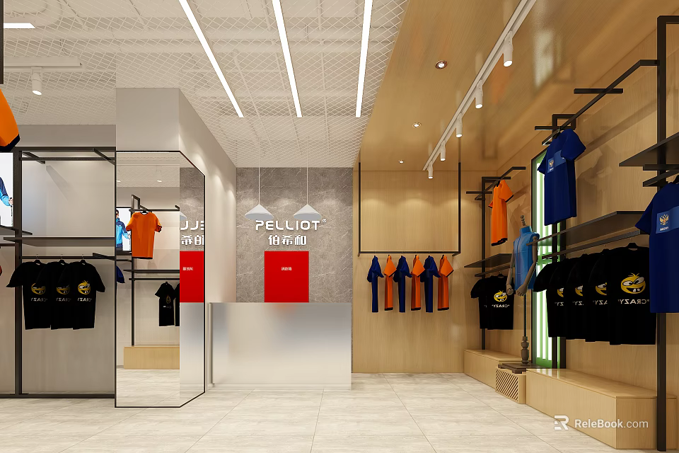 Modern Clothing Store Interior With Hanging Orange Blue Shirts Clothing Racks And Lighting 3d model 