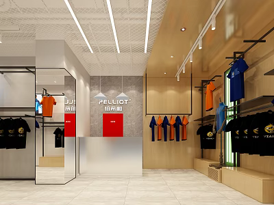 Modern Clothing Store Interior With Hanging Orange Blue Shirts Clothing Racks And Lighting 3d model