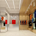 Modern Clothing Store Interior With Hanging Orange Blue Shirts Clothing Racks And Lighting