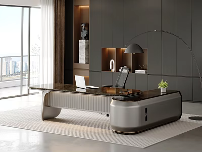 Modern Office Desk With Glass Top Metal Frame Laptop City View Near Window And Plant 3d model