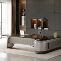Modern Office Desk With Glass Top Metal Frame Laptop City View Near Window And Plant