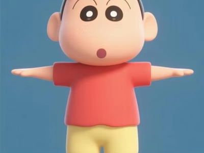Cartoon Man With Short Hair Big Eyes Open Arms Red Shirt Yellow Pants Blue Background 3d model