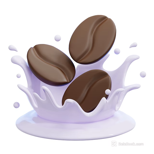 Fresh Coffee Beans Emerging From Purple Milk Splash With Droplets 3d model 