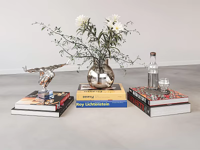 Decorative Ornament Combination With Silver Eagle Vase White Flowers Books Clear Bottle And Glass Cup 3d model