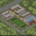 Modern School Campus Buildings With Multiple Academic Structures Football Field Basketball Court And Green Trees