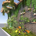 Garden Landscape Featuring Wooden Pergola Hanging Vines Brick Wall And Shelves With Plants
