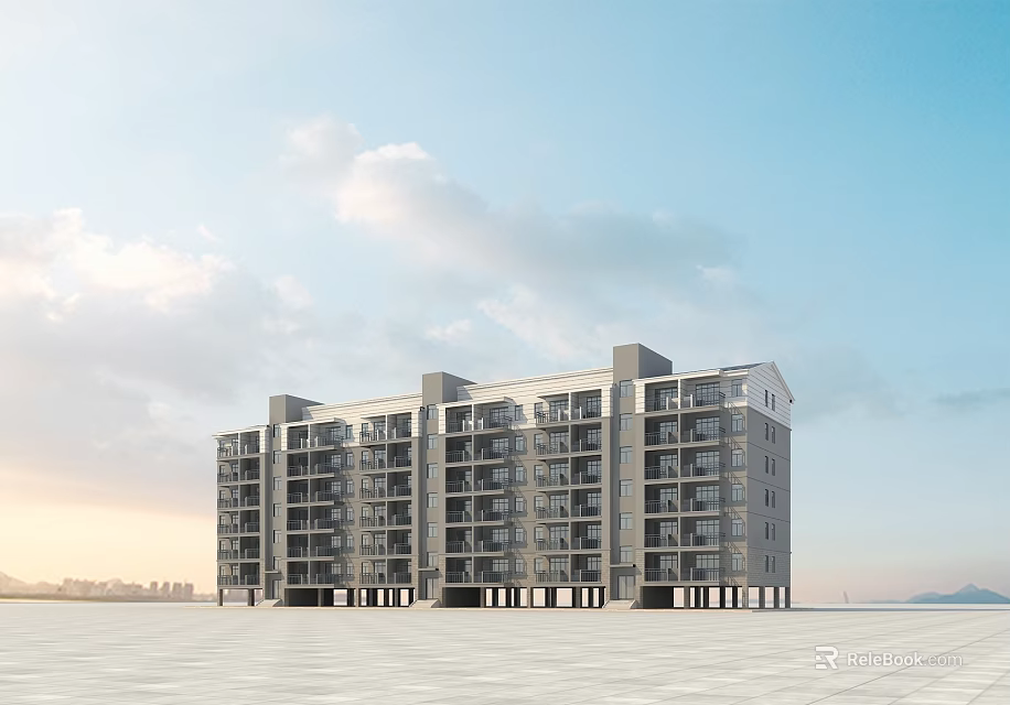 Modern Multi Story Residential Building With Balconies And Blue Sky Background 3d model 