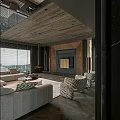 Modern Living And Dining Room Interior With Sofa Fireplace And Floor To Ceiling Windows