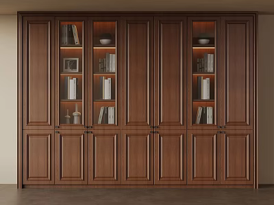 Elegant Wooden Bookcase With Glass Doors And Shelved Decorative Books 3d model