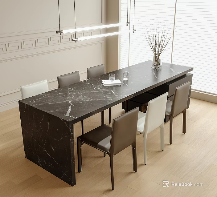 Modern Dining Table With Black Marble Top And Gray White Chairs Interior 3d model